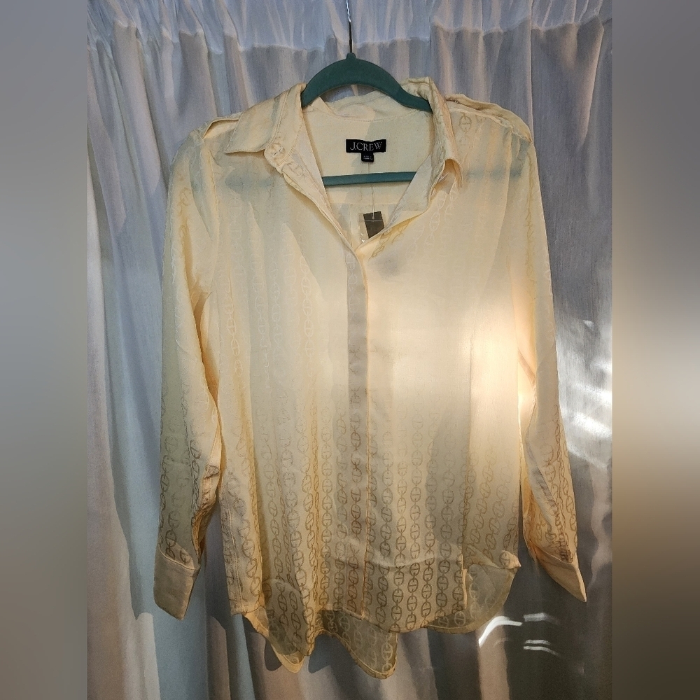 J.Crew Yellow Sheer Long Sleeve Blouse small Drapey jacquard-print